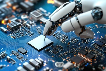 A macro image of a robotic arm placing a microchip onto a circuit board, with nearby components like capacitors and diodes already installed.