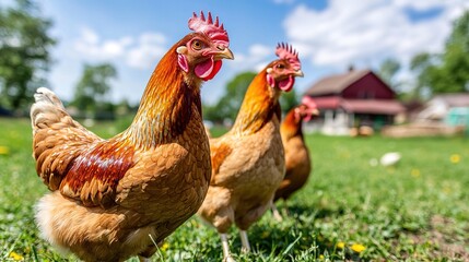 Chickens roaming freely in a pasture rural landscape gigapixel quality vibrant environment nature concept