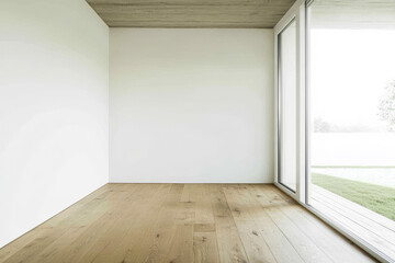 Fototapeta premium Minimalist interior of a modern room with wooden floor and large windows overlooking nature