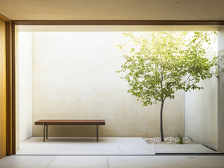 Serene courtyard with minimalist bench and tree during bright daylight