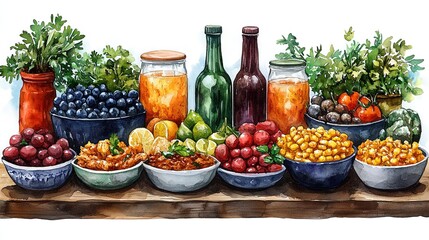 A colorful assortment of fruits, vegetables, and preserves arranged on a wooden table.
