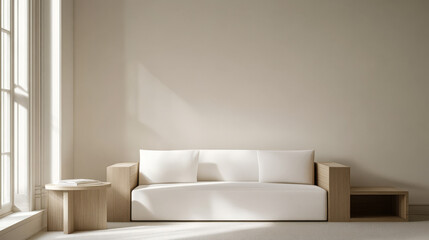 Modern living room with minimalist white sofa and wooden furniture in bright sunlight