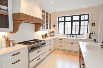 Fototapeta premium Modern Farmhouse Kitchen Design Featuring White Cabinets and Wood Accents