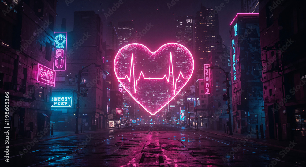 Poster neon heart with pulse lines inside on cyberpunk city background . generative ai