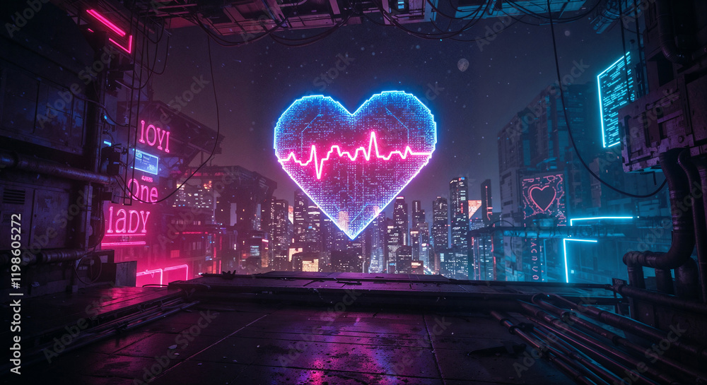 Poster neon heart with pulse lines inside on cyberpunk city background . generative ai