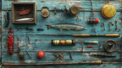 Vintage Fishing Gear Arranged on Rustic Wooden Background © jami