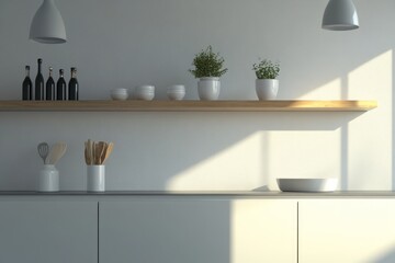 Modern minimalist kitchen shelf with plants and utensils