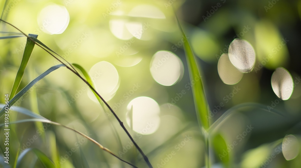 Poster sunlight filters through grass, creating a dreamy background with soft bokeh effects and vibrant gre