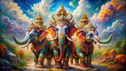 Fototapeta premium Long Exposure Painting: Three-Headed Elephant in Traditional Thai Style