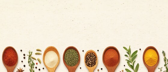 Assorted spices and herbs in wooden spoons on a light background. Perfect for culinary, cooking, and food photography projects.