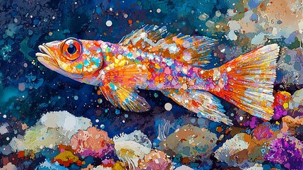 Vibrant Artistic Depiction of a Colorful Reef Fish Swimming Amongst Coral.