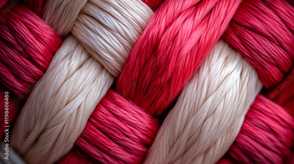 Poster colorful woven fibers in close-up showcasing intricate patterns and textures of red and beige thread