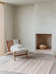 Cozy living room with modern design featuring a wooden chair and serene fireplace