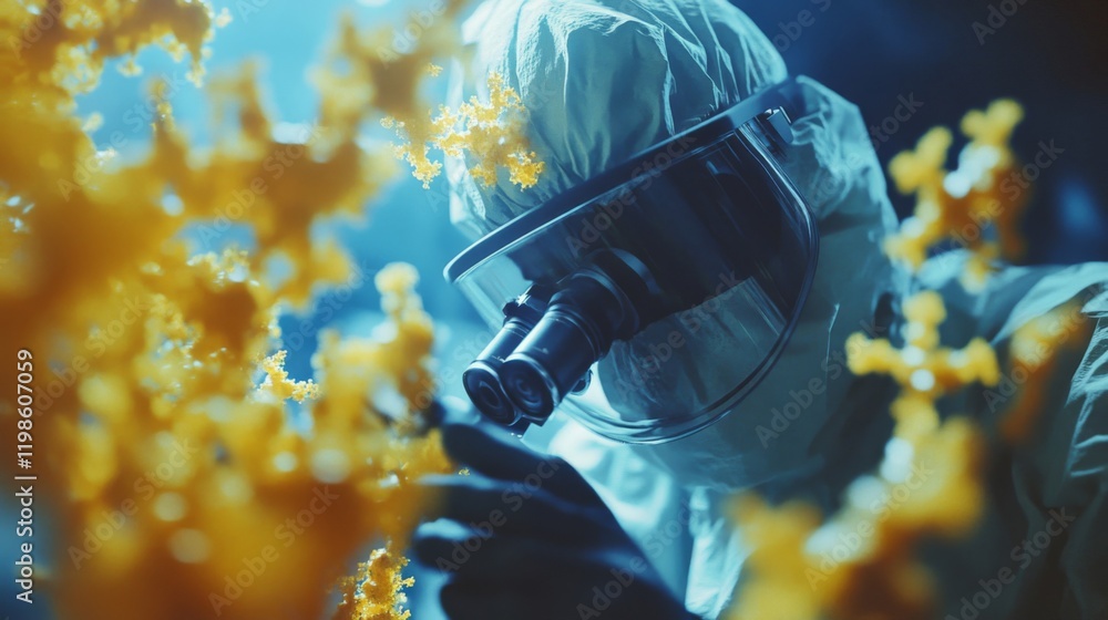 Poster close-up view of a scientist in a protective suit carefully examining a microscopic virus sample usi