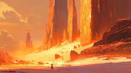 Desert wanderer at sunset, tall orange rock formations, sandy landscape, artwork for fantasy game