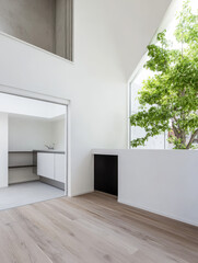 Contemporary interior design featuring open space with large windows and natural light