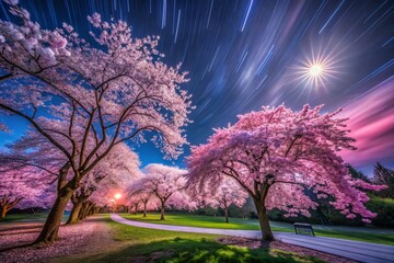 Long Exposure Silk Tree Blossoms at Night, Dreamy Albisia Flowers