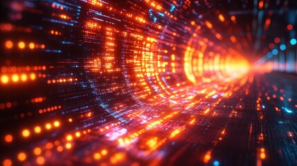 Digital tunnel; glowing data streams; abstract tunnel; futuristic;  background of moving code