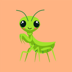 A cheerful, cartoon-style praying mantis with large, expressive eyes and a happy face.