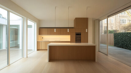 Modern kitchen design with open layout and large windows in a contemporary home