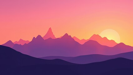 Fototapeta premium A captivating silhouette of a majestic mountain range stands central, set against a stunning backdrop of pink and orange gradients at dusk, creating an ethereal and tranquil scene