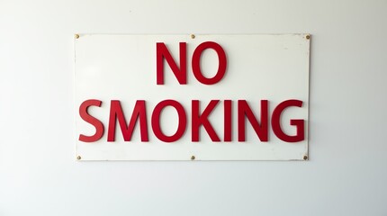No smoking sign with bold red letters on a white board attached to a wall. Prohibition and health safety notice