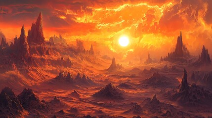 Fiery sunset over a desolate, rocky landscape; fantasy art for game backgrounds