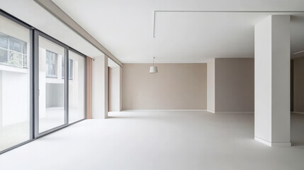 Spacious modern interior with large windows and neutral colors in urban setting