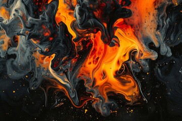 Abstract flames swirl and dance across a liquid canvas, creating vibrant patterns of orange and black in a mesmerizing display of energy and motion