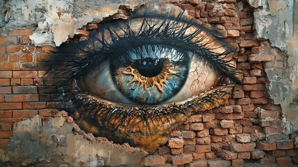 Giant eye mural on brick wall, urban decay background