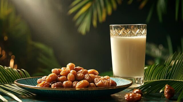 Ramadan cuisine and beverages Karim, a dish of dates, a glass of milk, and a date palm branch


