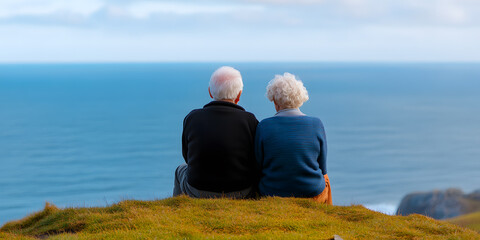 Fototapeta premium Elderly couple enjoying a scenic ocean view from a grassy clifftop. A peaceful moment of togetherness.