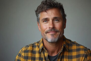 Fototapeta premium A smiling man with wavy hair wearing a plaid shirt against a neutral background.