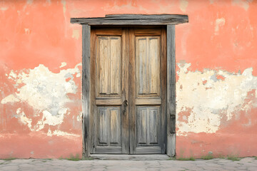 Rustic Elegance: The Timeless Tale of an Aged Wooden Door with Peeling Paint and Exposed Grain