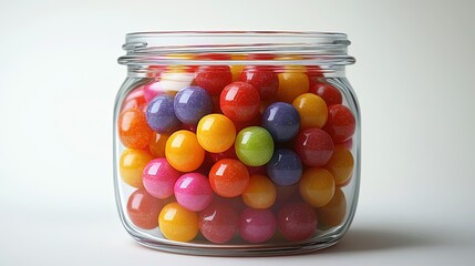 A glass jar filled with colorful, shiny gumballs in various vibrant colors.