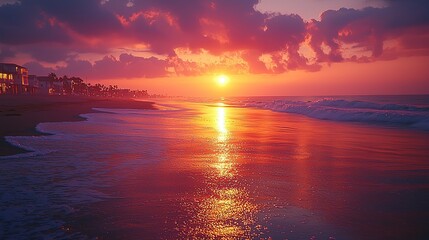 Obraz premium A serene sunset over a beach, reflecting vibrant colors on the water's surface.