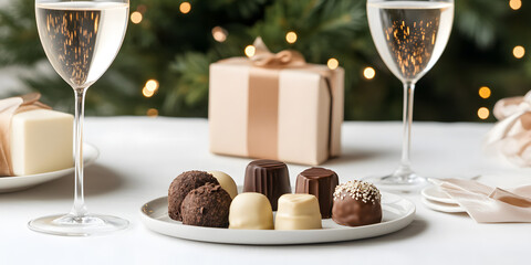 Elegant assortment of chocolates presented on a plate, accompanied by wine glasses and festive gift boxes. Perfect for a celebratory occasion.