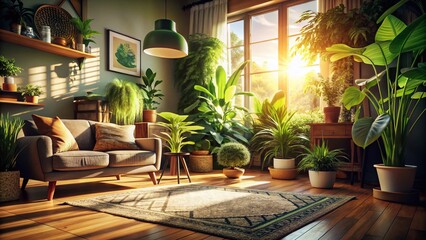 Low Light Living Room Decor: Sunlit Plants & Cozy Rug - Stock Photo