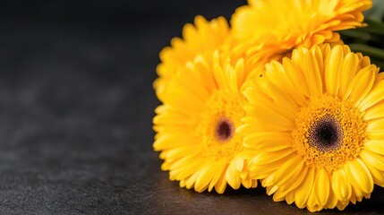 Yellow gerbera daisies bouquet on dark background, ideal for greeting cards