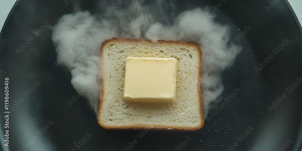 Poster melting butter on toast in a pan, creating steam. a simple yet evocative image of a breakfast staple