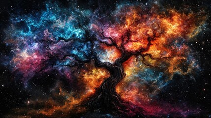 Cosmic Tree Embracing Nebulae Colors