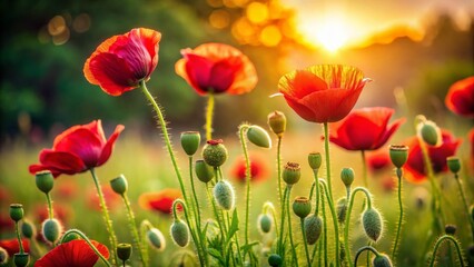 Fototapeta premium Low Light Red Poppies in Lush Green Garden - Countryside Flowers