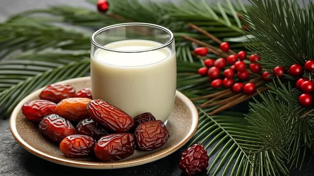 Ramadan cuisine and beverages Karim, a dish of dates, a glass of milk, and a date palm branch

