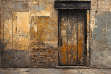 Rustic Elegance: The Timeless Tale of an Aged Wooden Door with Peeling Paint and Exposed Grain