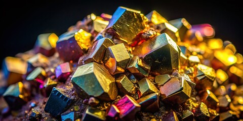 Obraz premium Luminous Pyrite Crystal in Low Light, Close-up Macro Shot, Sparkling Mineral Texture