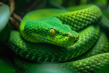 Obraz premium A Trimeresurus macrops, the strikingly beautiful green snake, rests among the lush greenery, captivating observers with its vibrant scales during a serene daylight encounter