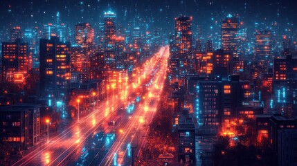 Fototapeta premium Night city highway traffic, futuristic cityscape, data streams, digital marketing
