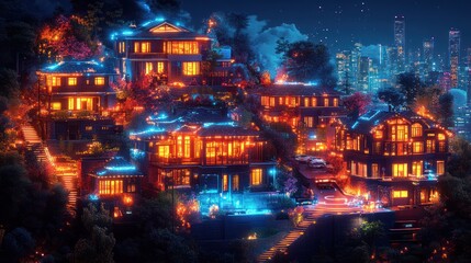 Fototapeta premium Nighttime hillside homes, vibrant lights, cityscape backdrop