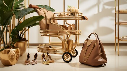 Luxury retail products placed on a golden shopping trolley in a chic studio setup