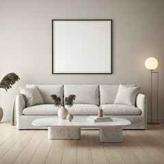 minimalist living room bathed in natural light from a large window. Frame mockup, Living room wall poster mockup. Interior mockup with house background. Modern interior design. 